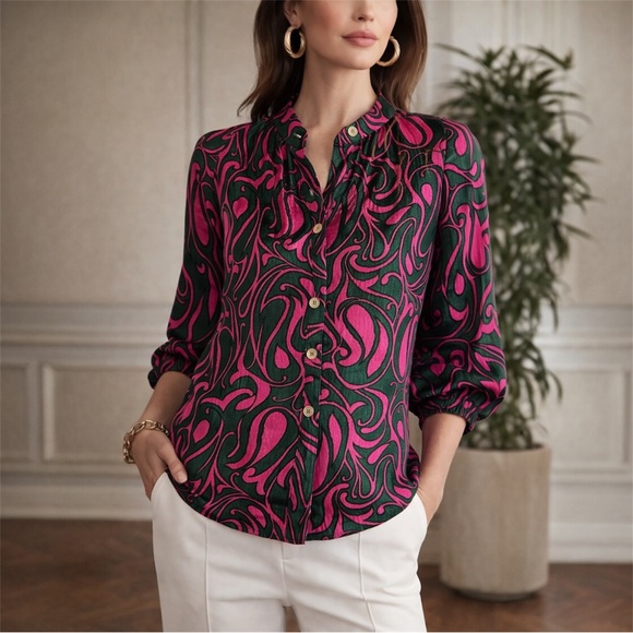 Trina Turk Tops - Trina Turk 100% Silk Jacquard Blouse Pink Green Button Front Resort Top Petite